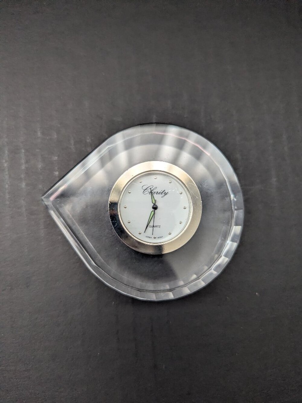Clarity Crystal Quartz Desktop Clock / Paperweight – Teardrop Shape